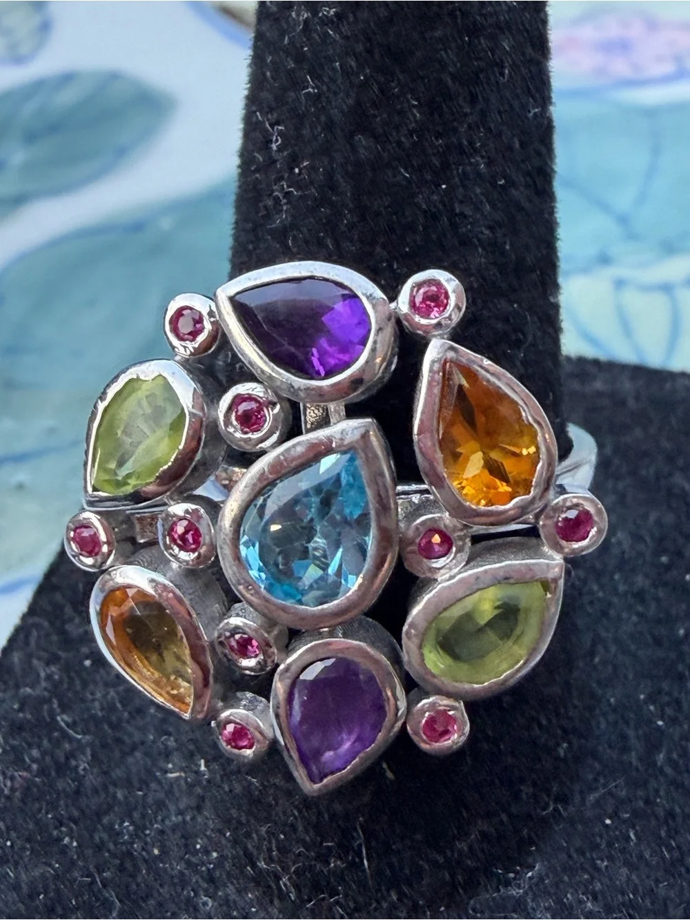 Vamijewells Natural Multi-Gemstone 925 Sterling Silver Statement Ring
